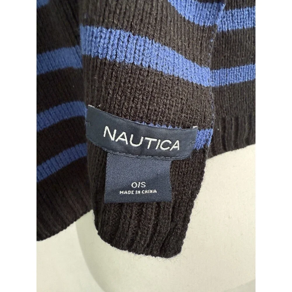 Nautica Men’s Black Blue Striped Knit Scarf Long Logo Winter